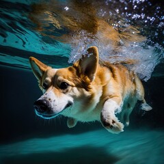 Obraz premium Corgi swimming cute.Generative AI