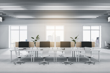 Luxury light concrete and wooden coworking office interior with furniture, equipment, window with city view and sunlight. Workplace and loft space concept. 3D Rendering.