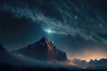 Meteor shower at night on mountain background. Generative AI