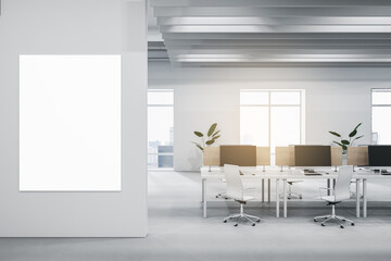 Modern light concrete and wooden coworking office interior with empty mock up banner on wall, furniture, equipment, window with city view and sunlight. Workplace and loft space concept. 3D Rendering.