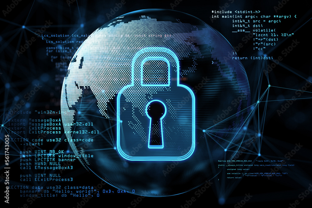 Poster Cyber security and global data protection concept with glowing digital pad lock with key hole inside on technological world map globe with computer software programming. 3D rendering