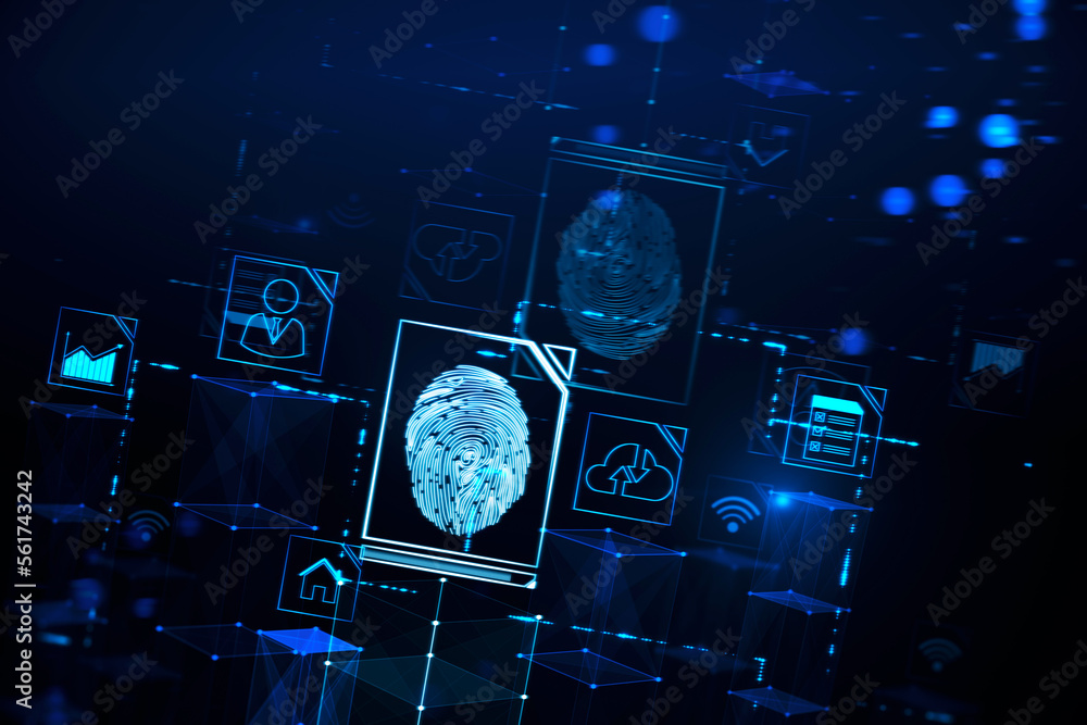 Poster Biometrics identification and personal data security concept with digital blue human fingerprint on abstract dark background with internet of things icons. 3D rendering