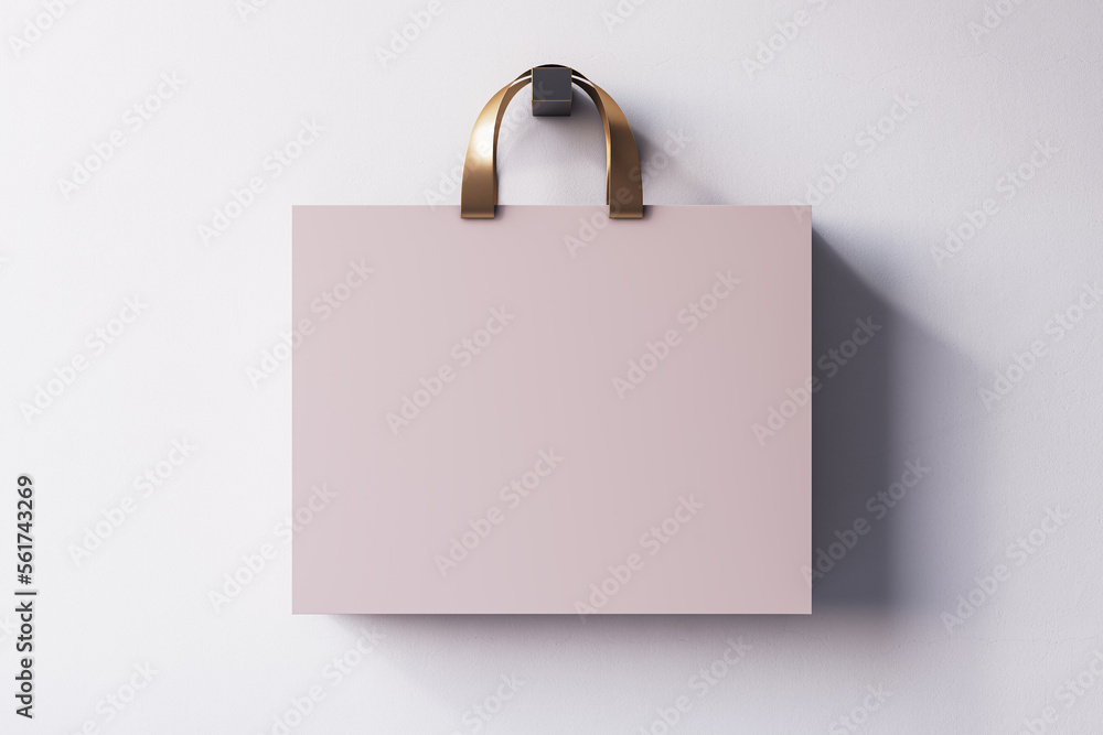 Poster close up of lilac shopping or present bag on hanging on light background. mock up, 3d rendering.
