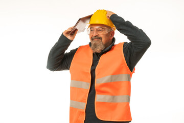 Professional engineer inspector foreman at work , construction manager working in manufacturing technology, man at work concept, on white background in yellow helmet and orange vest.