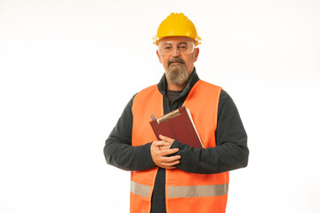 Professional engineer inspector foreman at work , construction manager working in manufacturing technology, man at work concept, on white background in yellow helmet and orange vest.