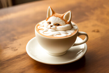 cute 3d fox latte art cup of coffee generative AI