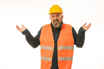 Professional engineer inspector foreman at work , construction manager working in manufacturing technology, man at work concept, on white background in yellow helmet and orange vest.