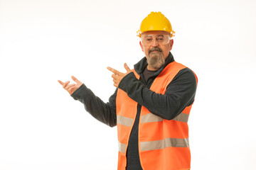 Professional engineer inspector foreman at work , construction manager working in manufacturing technology, man at work concept, on white background in yellow helmet and orange vest.