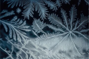 Winter frost leaves patterns on glass. Leaf ice crystals on cold winter background. Generative AI