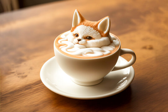 cute 3d fox latte art cup of coffee generative AI