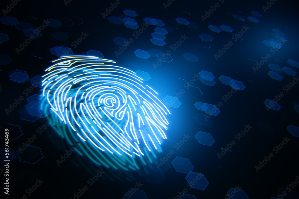 Poster Cyber security and biometric data concept with perspective view on digital human illuminated fingerprint on abstract dark technological background with polygonal figures. 3D rendering
