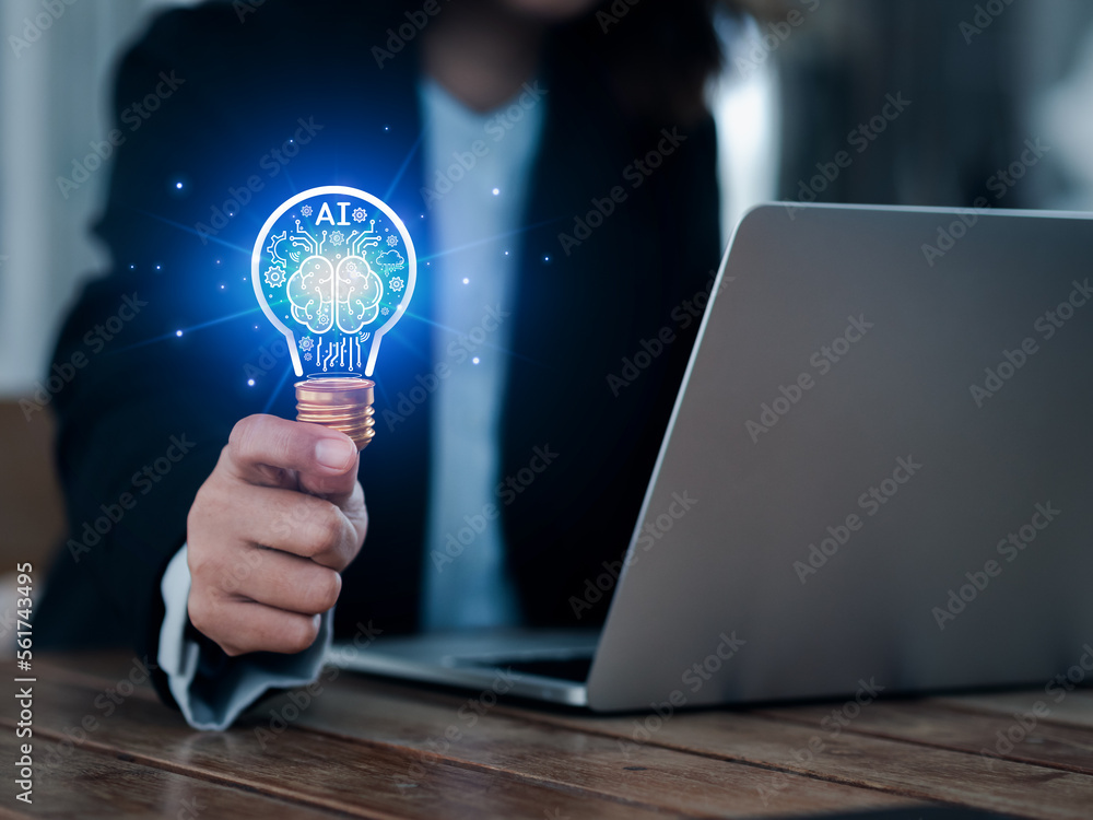 Poster artificial intelligence technology concept. glow digital light bulb graphics with ai brain system in