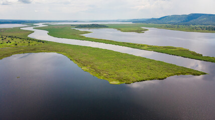 Aerial view of River Nile leaving Uganda and entering in South Sudan, Africa