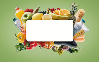 Frame made of fresh groceries and white sign