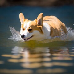 Obraz premium Corgi swimming cute.Generative AI