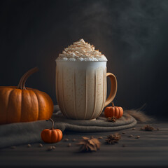 Pumpkin Spice Latte in a pumpkin shapedglass cup generative AI