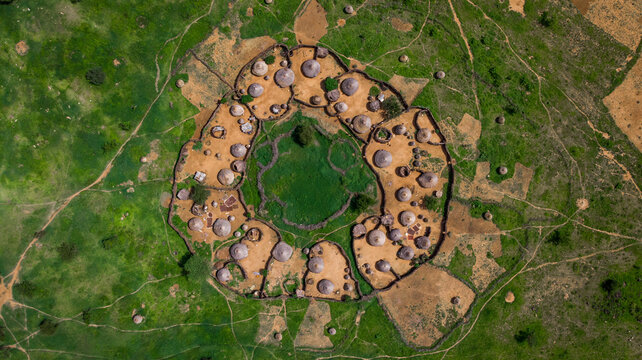 Aerial view of a "Manyatta", typical African village, shot by drone, Karamoja, Uganda