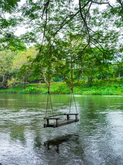 Empty old lonely wood swing hanging on the big tree over the large stream on the green forest background, relaxing place, vertical style. Hanging bench chair seat with the nature view.