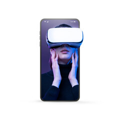 Woman in a smartphone experiencing immersive virtual reality