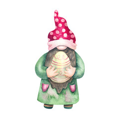 Gnome with an egg. Hand painted watercolor illustration isolated on white. Great for Easter designs, greeting cards,  posters.