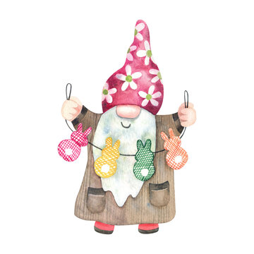Smiling gnome with a bunnies shaped garland. Hand painted watercolor illustration isolated on white. Great for  Easter designs, greeting cards,  posters