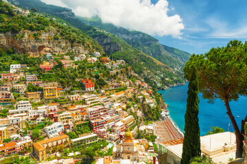 Fototapeta na wymiar Beautiful view of Positano town on Amalfi Coast in Campania, Italy with sandy beach and mediterranean sea