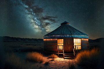 Fototapeta premium Beautiful glowing yurt against backdrop of galaxy of night starry sky