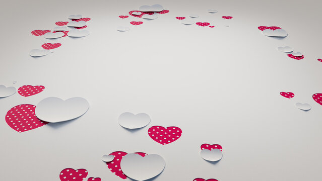 Paper Heart background with copy space. White and Red polka dot Valentine Wallpaper with cut-out love hearts. 