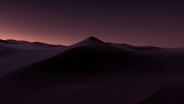 Desert Landscape with Sand Dunes and Warm Gradient Starry Sky. Beautiful Modern Background.