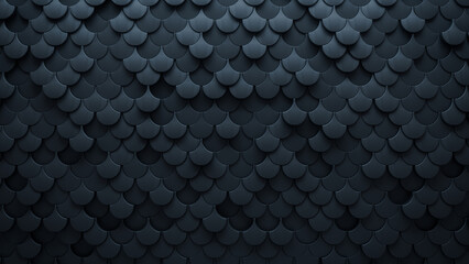 Futuristic Tiles arranged to create a Fish Scale wall. Black, Polished Background formed from 3D blocks. 3D Render