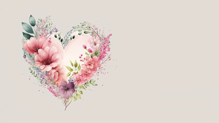 Valentine's Day Banner with Pink Watercolor Love Heart. Beautiful Flowers Design with copy-space.