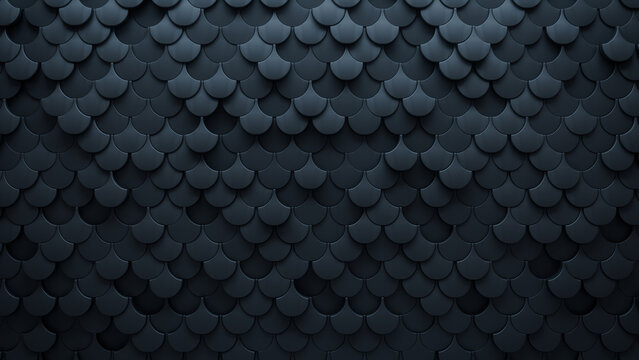 Futuristic Tiles arranged to create a Fish Scale wall. Black, Polished Background formed from 3D blocks. 3D Render