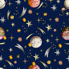 Obraz na płótnie Canvas Space, planets, stars, meteorites. Seamless watercolor pattern on a blue background. Hand-drawn space theme elements.