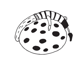 Funny rabbit sleeps on an Easter egg. Cute easter bunny, egg with patterns isolated on white background. Traditional element. Happy easter. Vector illustration.