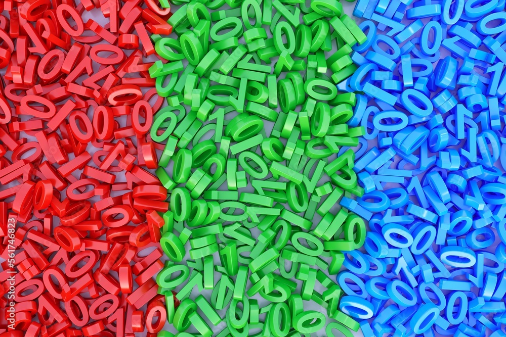 Poster red green blue concept scattered binary code abstract background concept 3d illustration