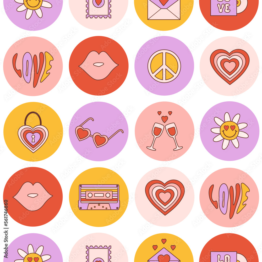 Poster retro seamless pattern with romantic groovy icons in style vintage 70s, 80s. abstract round icons is