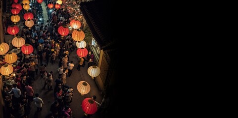 Chinese new year street with lots of people and red lanterns, copy space generative ai