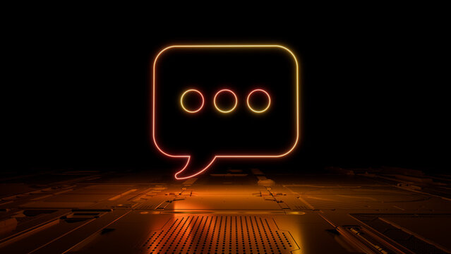 Orange and Yellow neon light sms icon. Vibrant colored Text technology symbol, on a black background with high tech floor. 3D Render