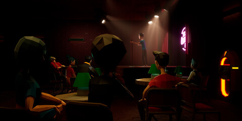 People playing as avatars watching live comedian performing stand-up monologue on a stage VR comedy club in metaverse - obrazy, fototapety, plakaty