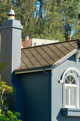 Blue stucco house with brown tile roof and visible windows or chimney in suburban detail with forest and tree background
