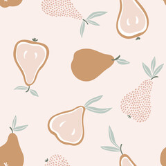 Fruit seamless pattern in hand-drawn style. Pear repeat background in pastel pink colors. Natural fabric design.