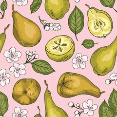 vector pear seamless pattern. Fruit repeat fabric design. Pears, flowers and leaves on the pink background.