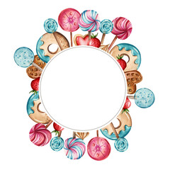 Round watercolor illustration of different colored lollipops, donuts, waffles, strawberries. Valentine's Day. Postcards, gifts