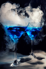 molecular cuisine. Glass of blue drink and steam