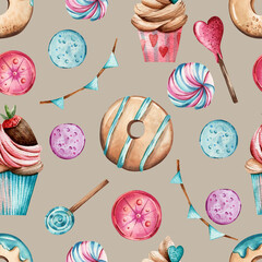 Seamless watercolor pattern on a brown background. Hand drawn donuts, cupcakes, lollipops and candies