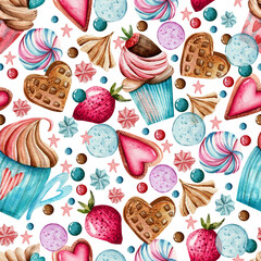 Seamless watercolor pattern with candles.  Hand-drawn cupcakes, lollipops,  strawberries, hurts  and candy on white background. 