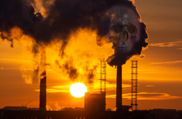 Chemical plant pipe with a toxic smoke moving up pollution atmosphere. Pollution and smoke from chimneys, selective focus