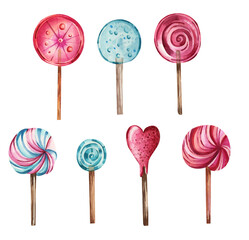 Set of watercolor illustrations. Bright, colorful lollipops. Pink, blue lollipops. Sweets, sweets, desserts. Valentine's Day