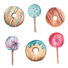 Set of illustrations. Watercolor pink, blue lollipops, donuts with cream on a white background. Valentine's day, desserts, sweets, pastries.