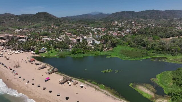 San Pancho town, Mexico. Landscape View Of San Francisco Nayarit Beach. Aerial drone fly above view high resolution 4k